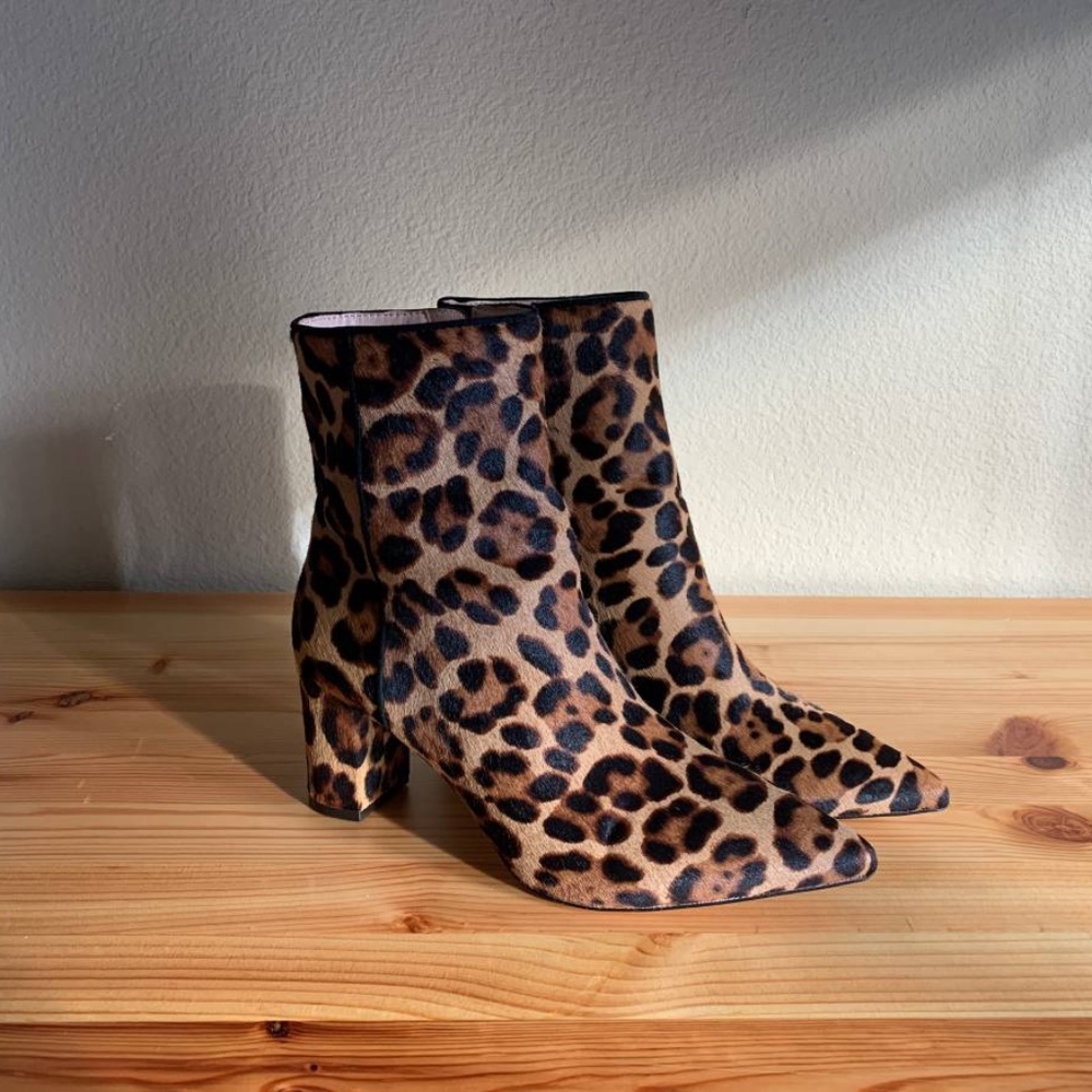 J. Crew Pointed-Toe Sadie Leopard Ankle Boots in Calf Hair US 6